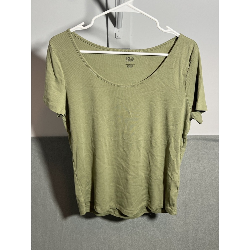 Falls Creek Women's Size L Sage Green Ribbed Short Sleeve Scoop Neck T-Shirt Top